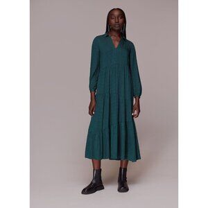 Whistles women's Vertical Dash Trapeze dress 12 green tier long sleeve midi